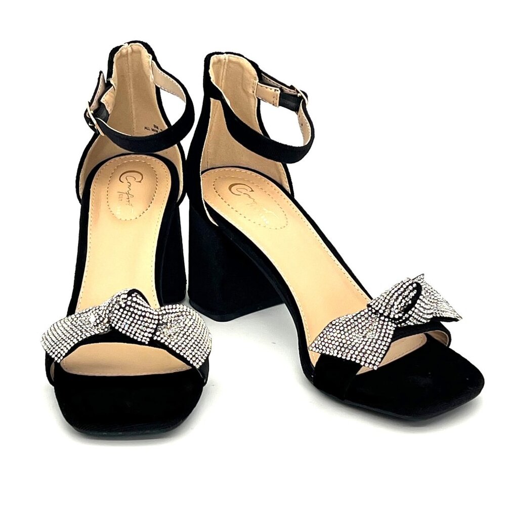 Comfort Black Velvet Ankle Strap Block Heels Womens Shoes Size 8 Rhinestone Bow
